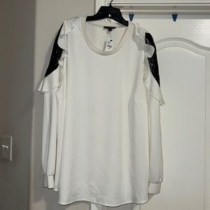 Lane Bryant long sleeve cream top with black peekaboo shoulder.  Size 26/28